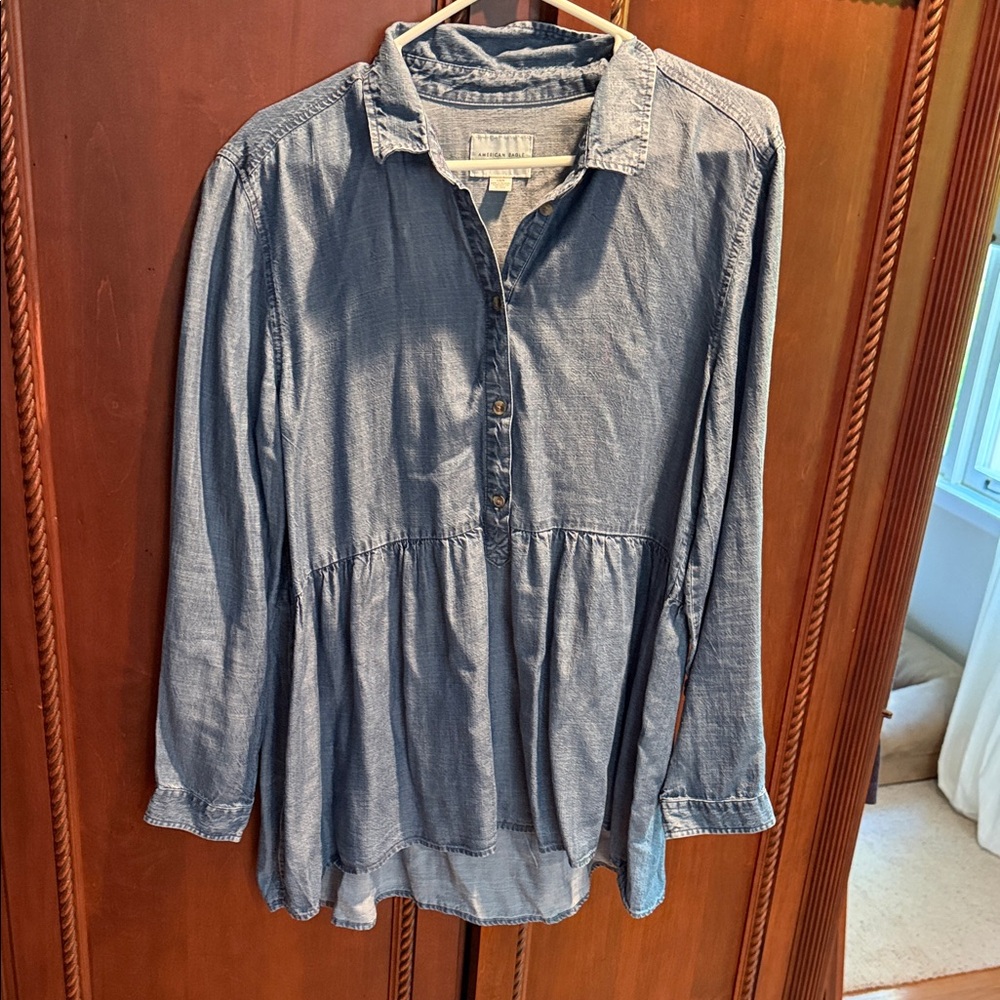 American Eagle Outfitters Denim Peplum Button-Up Tunic - Light blue